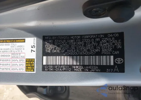 2008 Toyota Prius from USA, damaged, VIN JTDKB20U183420457